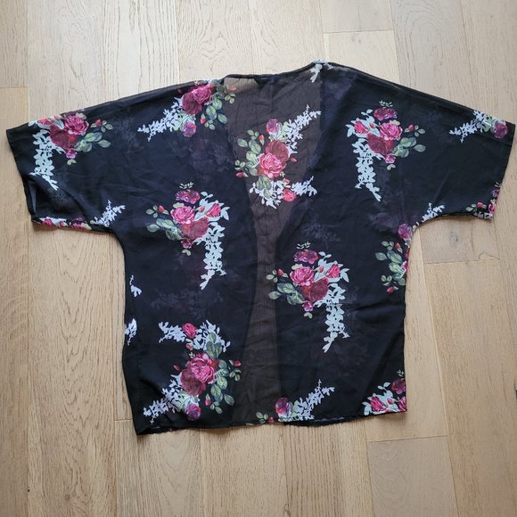 Kimono Cardigan Top Cover Up Blouse Beach Rose Chiffon Loose Shawl Print - Picture 5 of 10